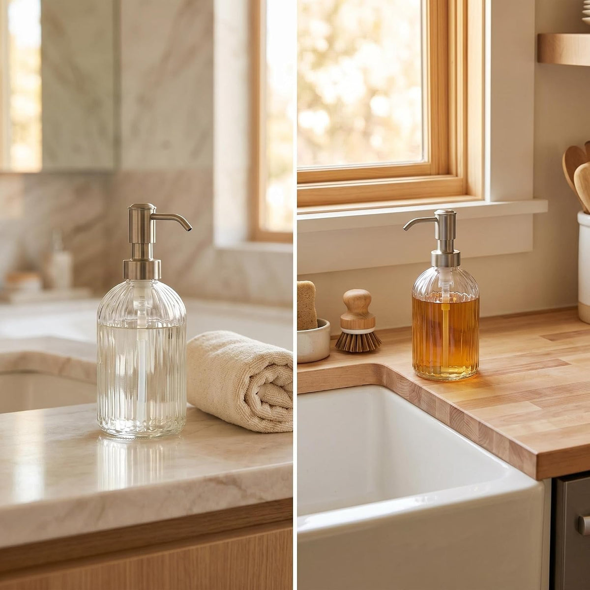 16 OZ Stripe Design Soap Dispense with 304 Rust Proof Stainless Steel Pump Glass Soap Dispenser Kitchen Soap Dispenser Bathroom