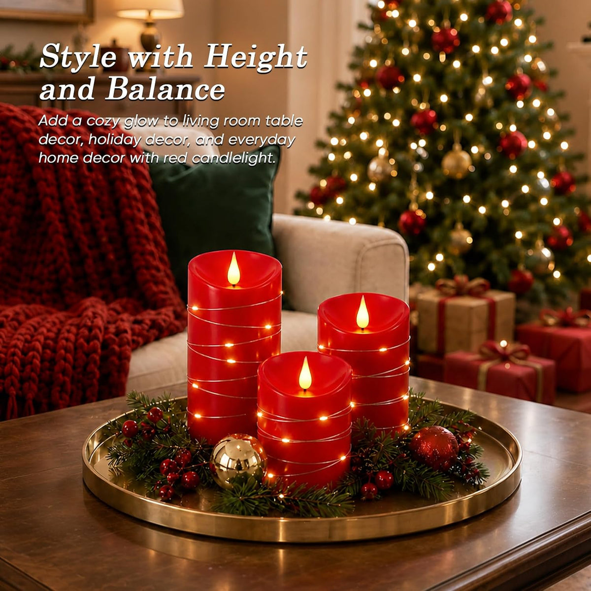 Homemory Red Flameless Candles with String Lights, 3 Pack Real Wax LED Pillar Candles with 3D Wicks, Battery Operated Candles with 11-Key Remote and Timer for Christmas Decor, 3" x 4"5" 6"