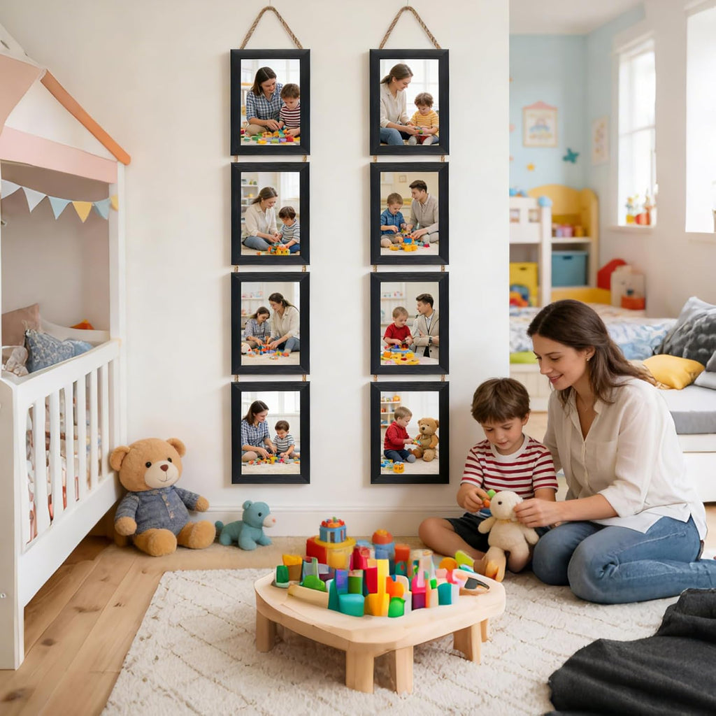 Lavezee 4x6 Black Hanging Collage Picture Frames Set of 2, 8 Opening Vertical Frame Made to Display 4 by 6 Inch Photo for Wall Decor