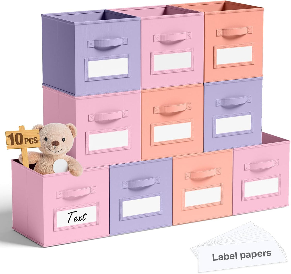 10 Pack Fabric Storage Cubes with Label 11" Collapsible Cube Bins, Pastel