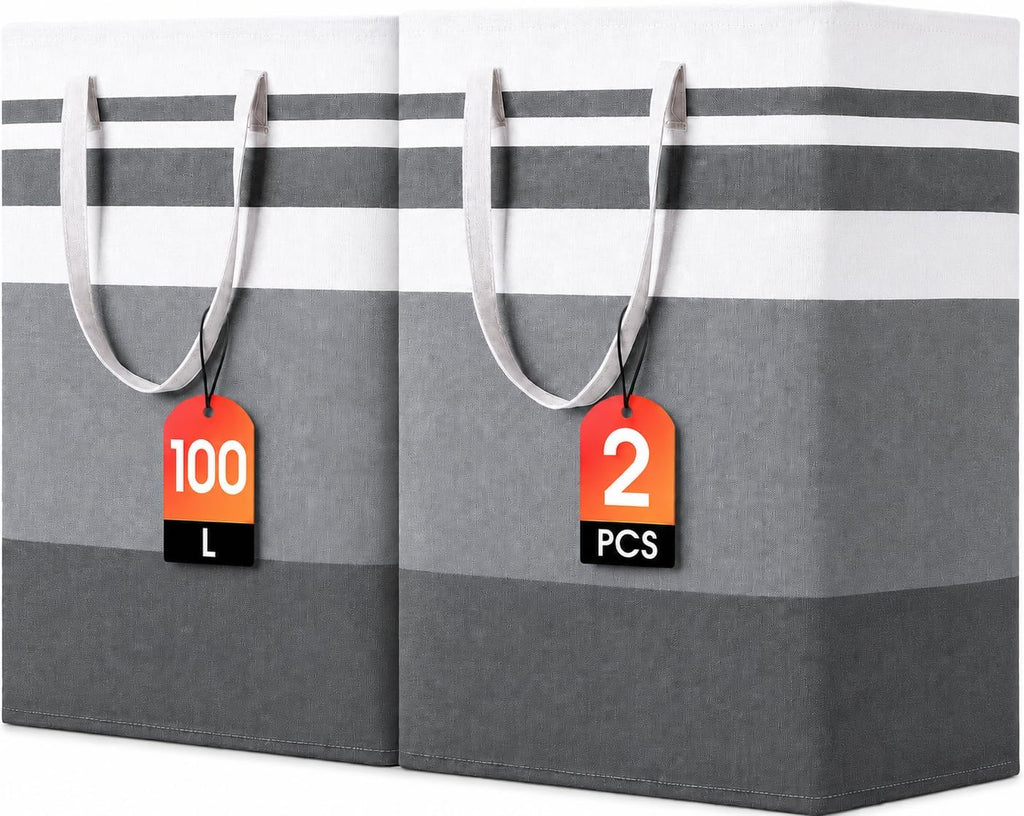 BOOMIBOO 2 Pack Large Laundry Basket,Waterproof Freestanding Laundry Hamper,Collapsible Clothes Basket with Easy Carry Handles in Laundry Room Bathroom Bedroom Dorm,Gradient Grey,100L