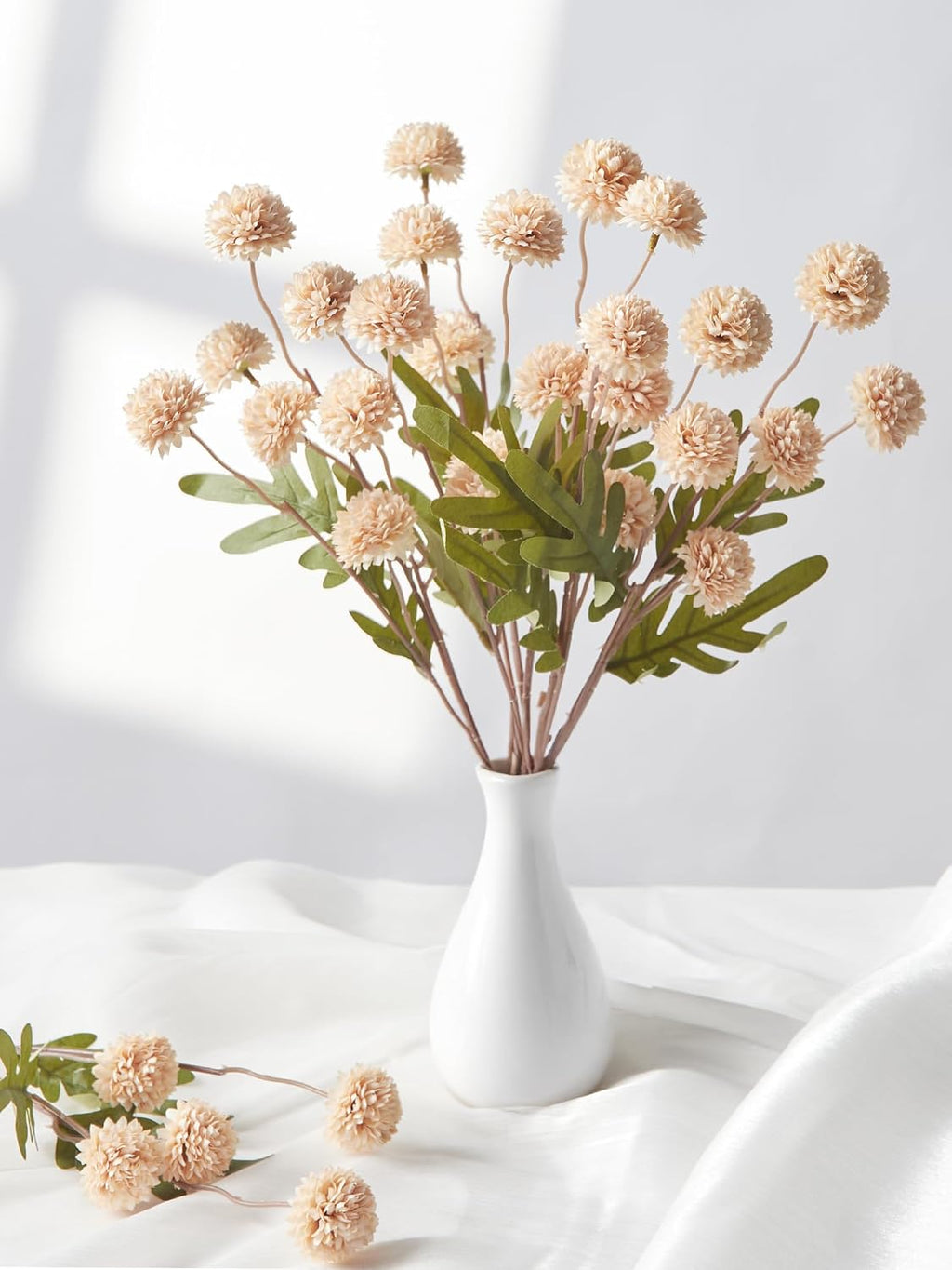InnoGear Faux Flowers Artificial Flowers Indoor Silk Pompon Mums 5pcs Beige
