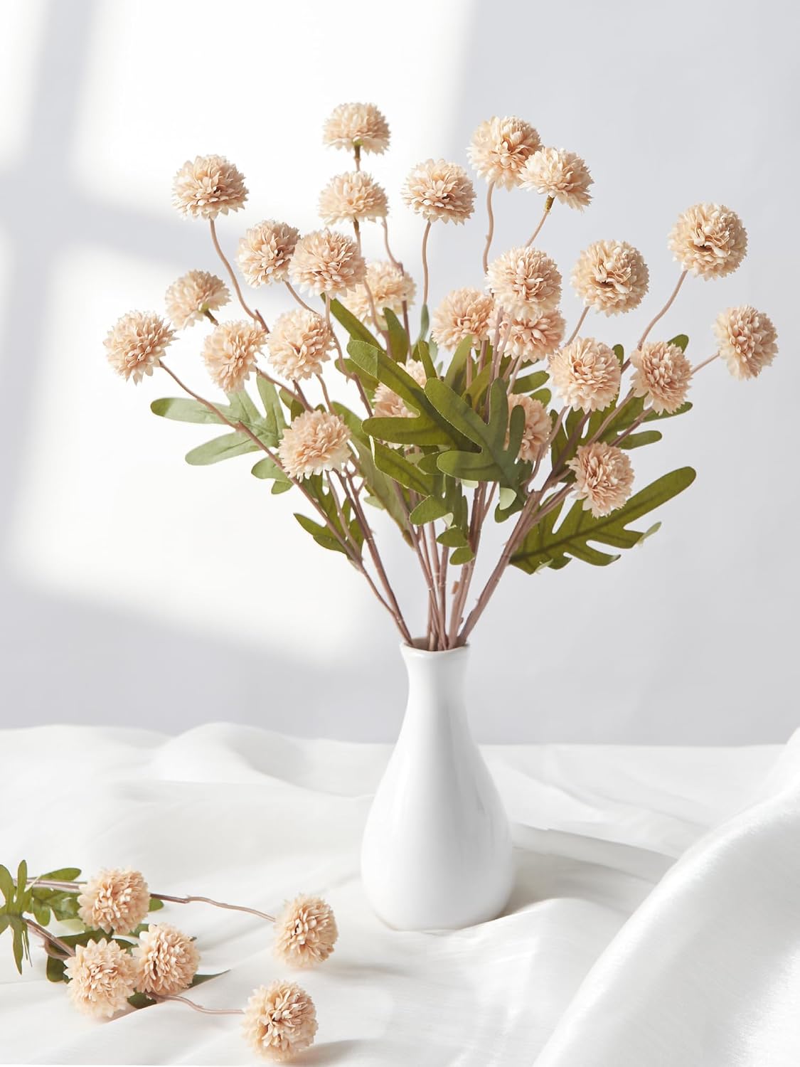 InnoGear Faux Flowers Artificial Flowers Indoor Silk Pompon Mums 5pcs Beige