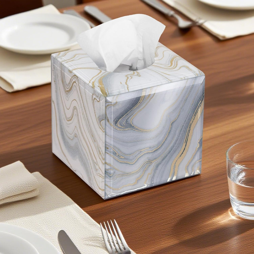 Square Marble Pattern Glass Tissue Box Cover for Table Display