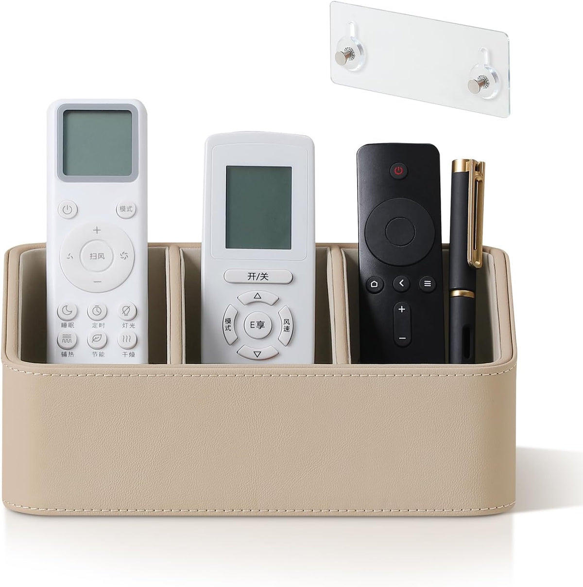 Hole-Free Wall-Mounted PU Leather Remote Control Holder, 3-Compartment Desktop Organizer, Perfect for Living Room, Bedroom, TV Side, Bathroom and More (Beige)