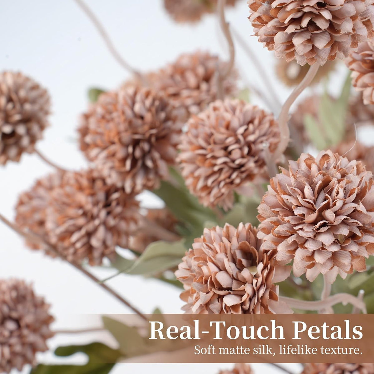 Faux Silk Mums Artificial Flowers - 7Pcs Artificial Mums Bendable Long Stems, Faux Flowers For Vase, Table, Wedding & Wreath Home Décor, Chrysanthemum Pom Pom Floral Arrangement, Coffee (No Vase)