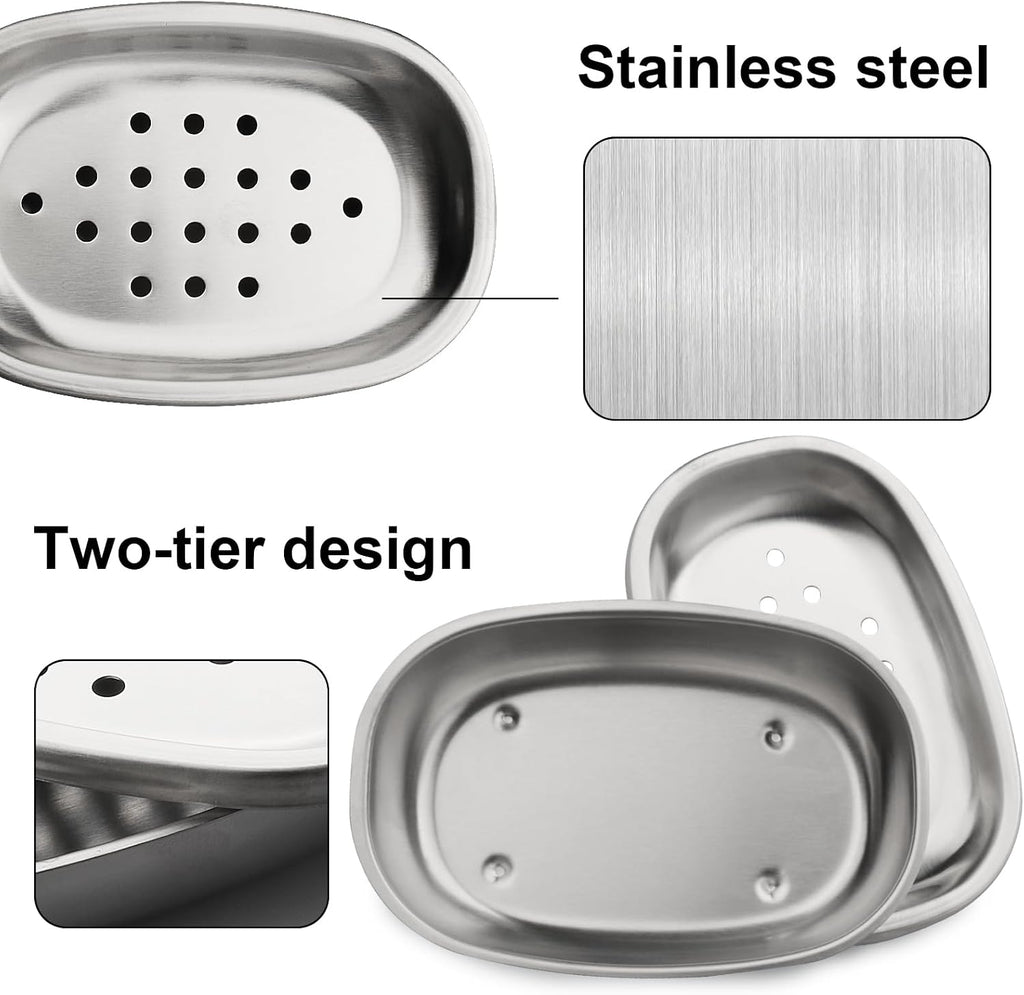 Stainless Steel Soap Dish with Double Layer Draining for Bathroom, Chrome Brushed Nickel Soap Box with Drainage, Shower Countertop Tray (Dots)