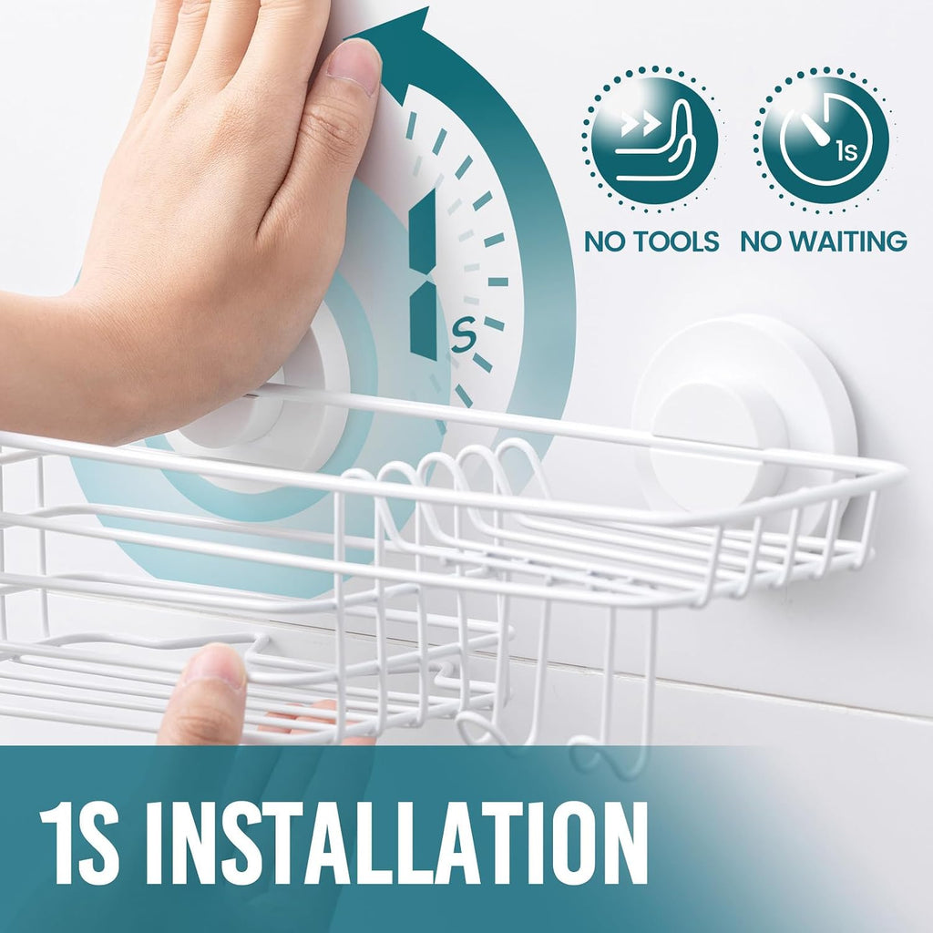 TAILI White Shower Caddy Suction Cup with Hooks, Heavy Duty Shower Shelves