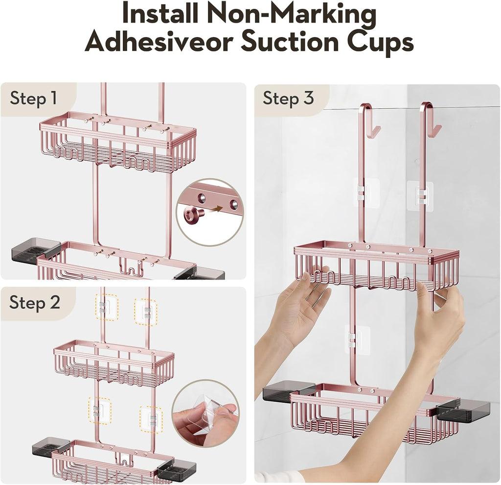 Over the Door Shower Caddy Hanging With Double Soap Holder Never Rust Aluminum Shower Shelf With 4 Hooks Hanging Bathroom Organizer No Drilling Shelves for Bathroom Storage Pink