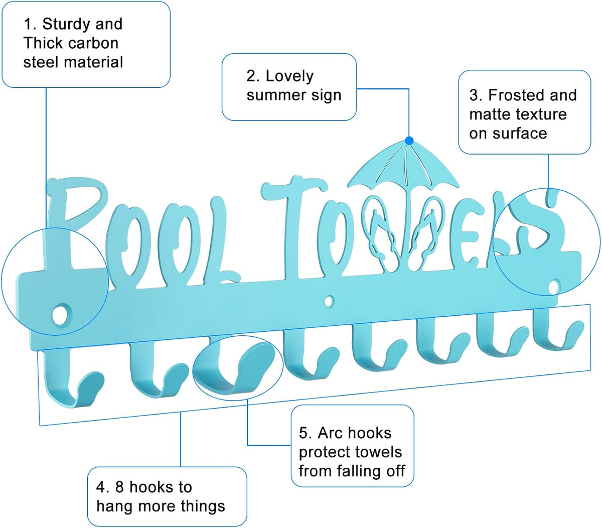 IBosins Pool Towel Rack with 8 Hooks Towel Holder Wall Mount Outdoor Blue
