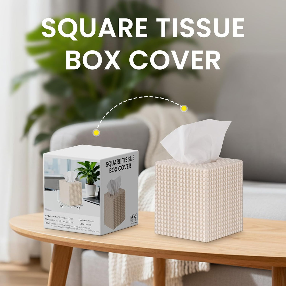 Tissue Box Cover, Square Acrylic Tissue Holder for Bathroom Vanity, Beige