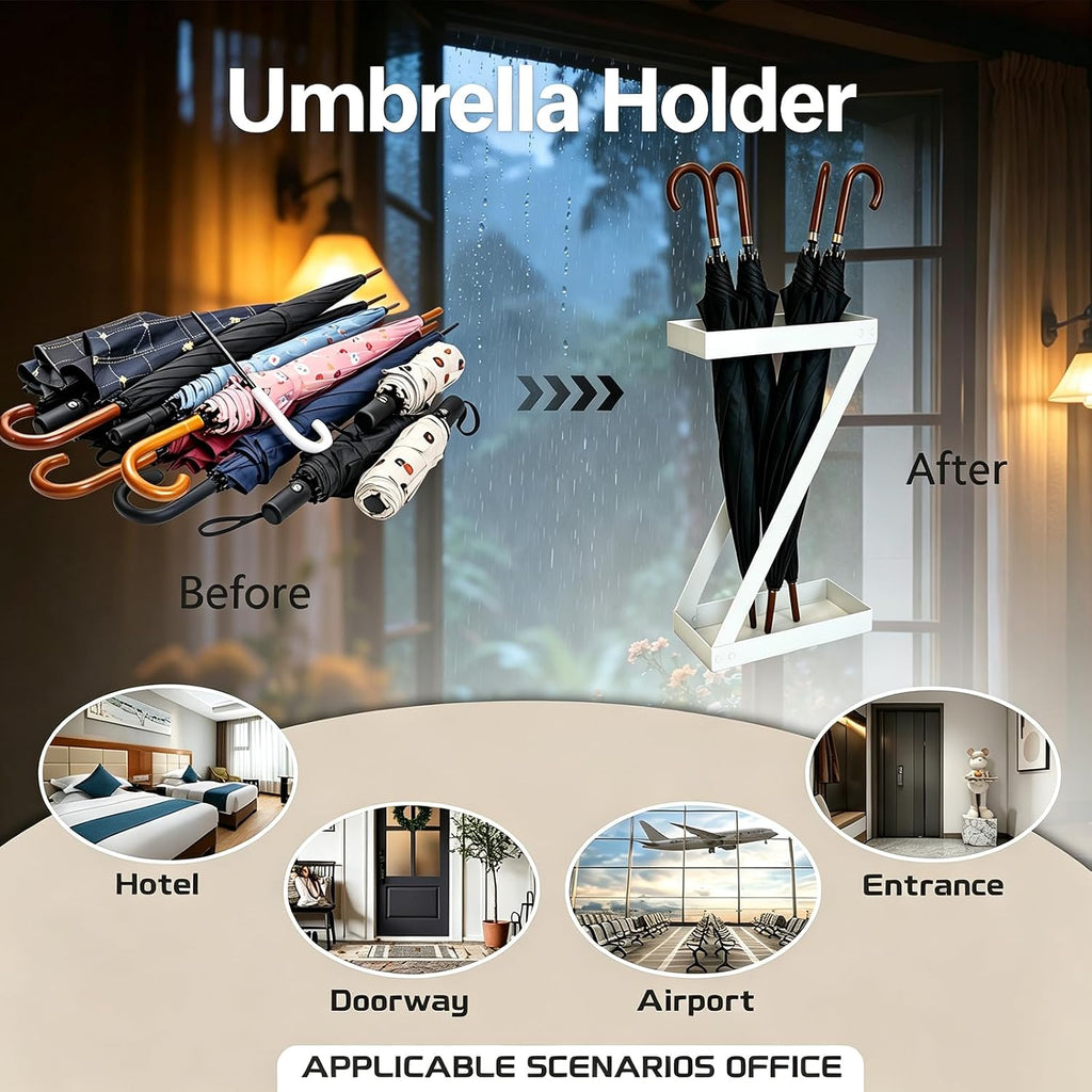 Umbrella Holder for Entryway, White Indoor Umbrella Stand with Hooks,Metal Umbrella Storage Rack Ideal for Home Office Hotel Lobby