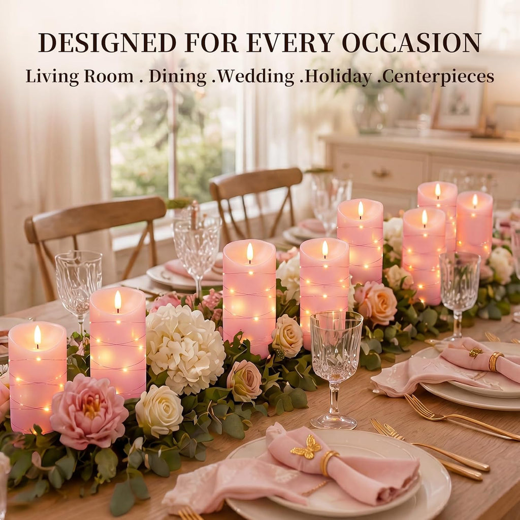 Homemory Flameless Candles with String Lights, 2 Pack Embedded Fairy String Lights LED Candles, Electric Flickering Candles with Remote Control and Timer, Real Wax, Pink