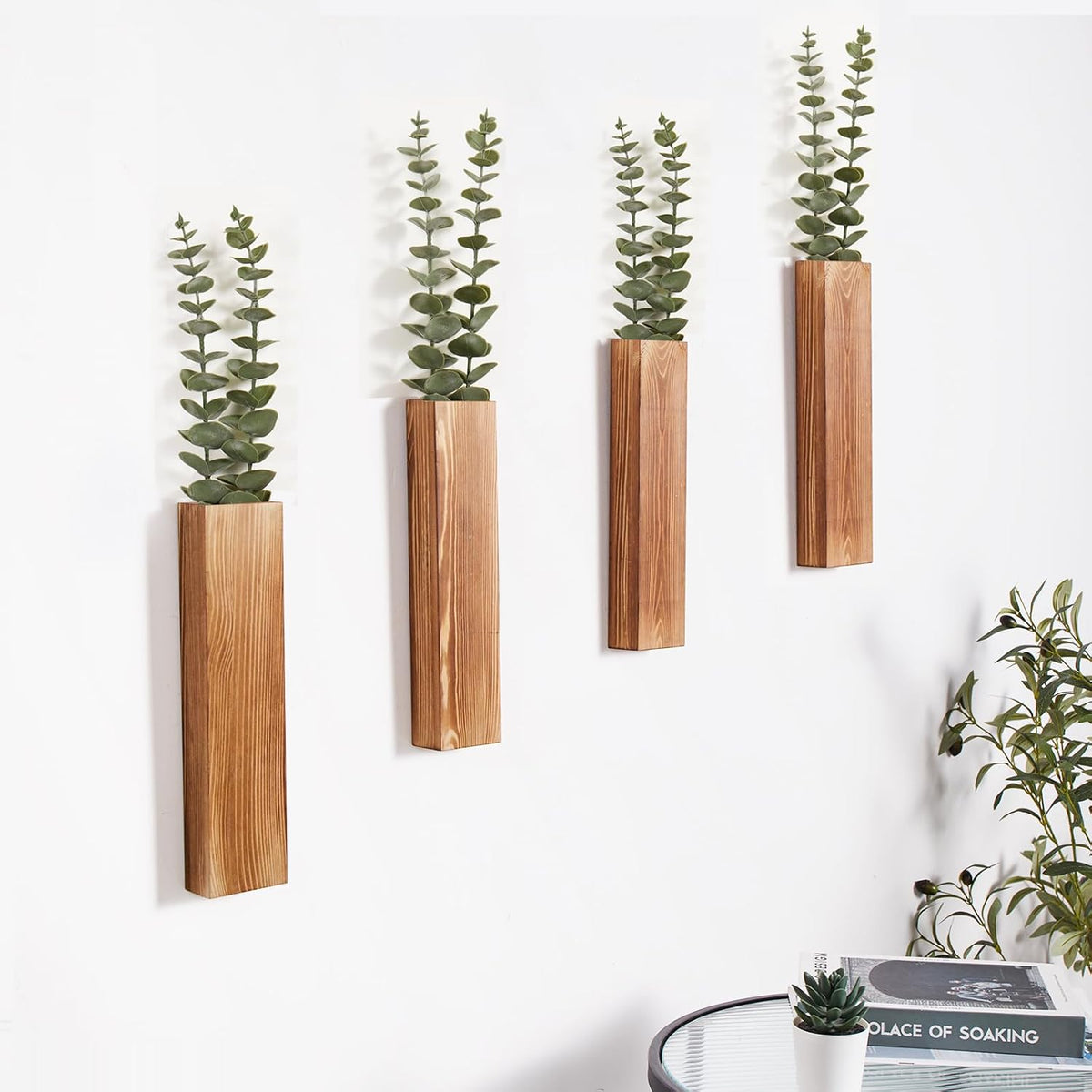 4 Pack Wooden Wall Planters with Faux Eucalyptus Stems for Wall Decor