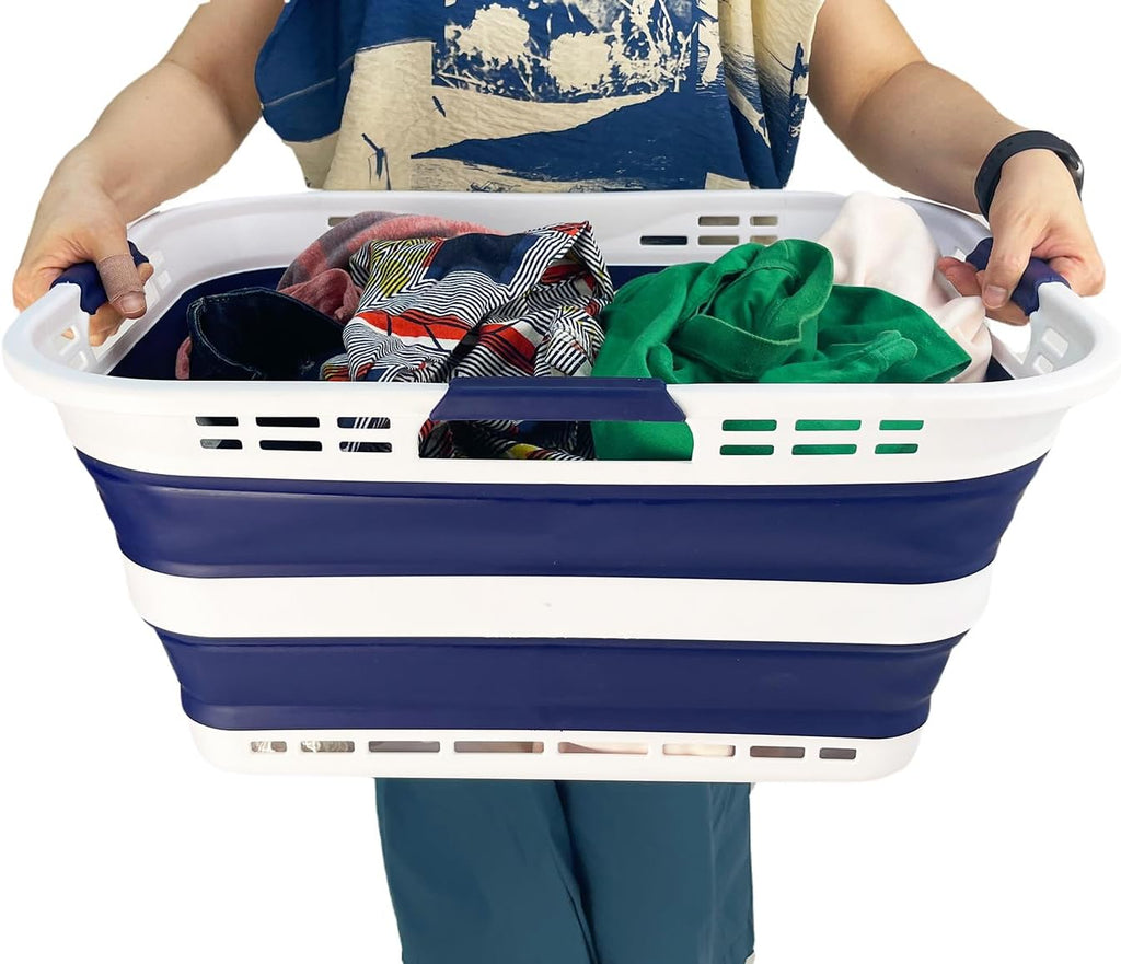SAMMART Set of 2 Collapsible Plastic Storage Basket - Foldable Pop Up Storage Container - Portable Laundry Organizer - Space Saving Hamper (White/Starry Blue, 42L (Style A))