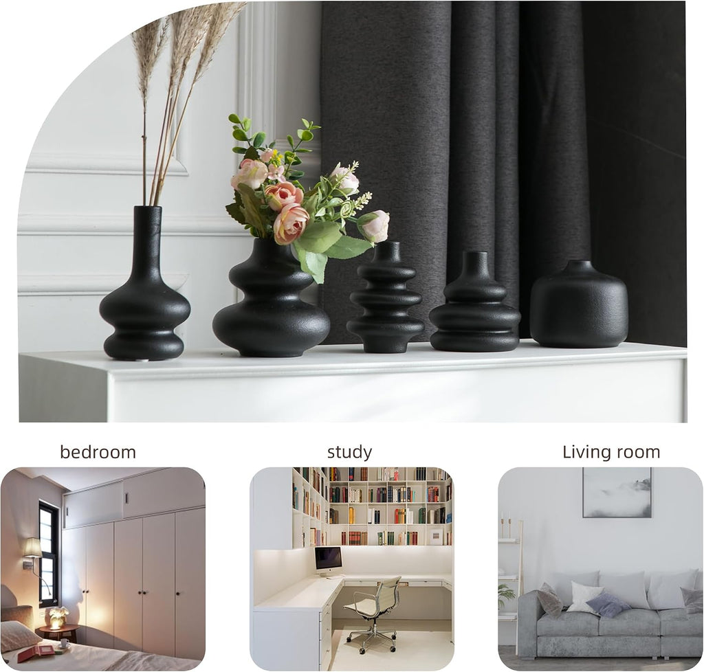 JOJUNO Black Bud Vases, Small Ceramic Vase Set of 5 Modern Home Decor