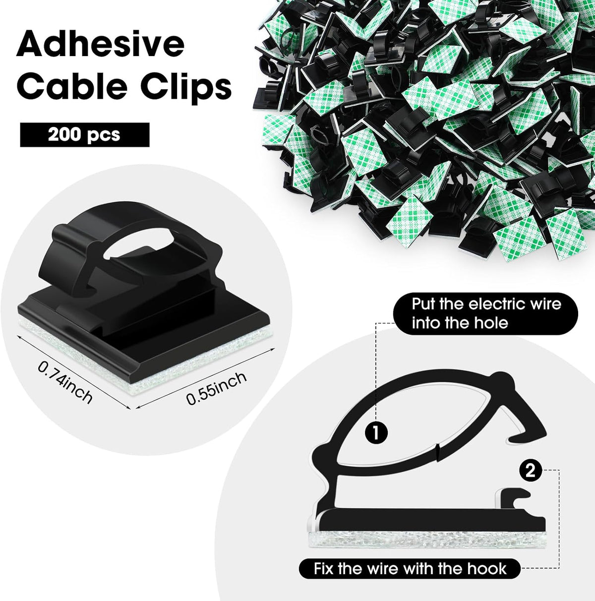 EBOOT 200 Pieces Adhesive Cable Clips Wire Clips Cable Wire Management Wire Cable Holder Clamps Cable Tie Holder for Car, Office and Home