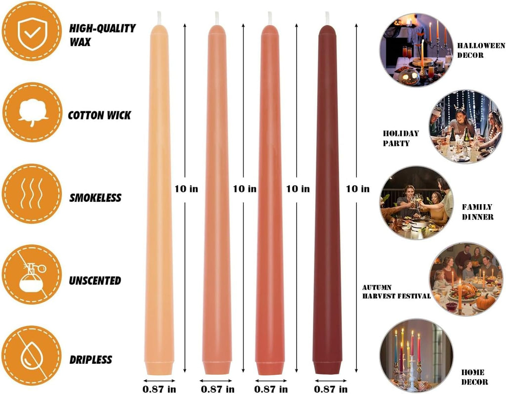 10 Inch Earth Tone Unscented Taper Candles for Fall Harvest