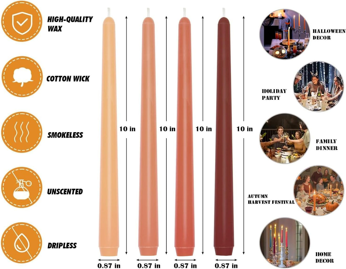 10 Inch Earth Tone Unscented Taper Candles for Fall Harvest