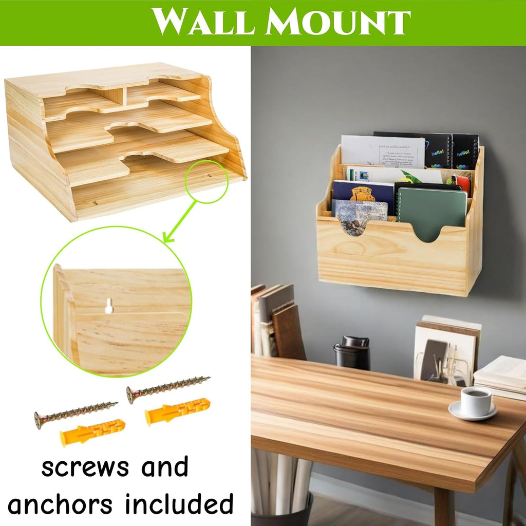 Wall Mounted Wood File Holder, 4 Tiers Magazine Organizer