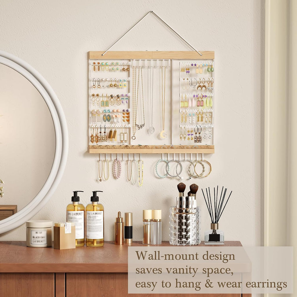 Large Rotating Hanging Jewelry Organizer, 5-Tier Wall Mounted Earring Holder for 180 Pairs, Jewelry Rack for Earrings, Necklaces, Bracelets & Rings, Necklaces, Bracelets & Rings, for Girls, White
