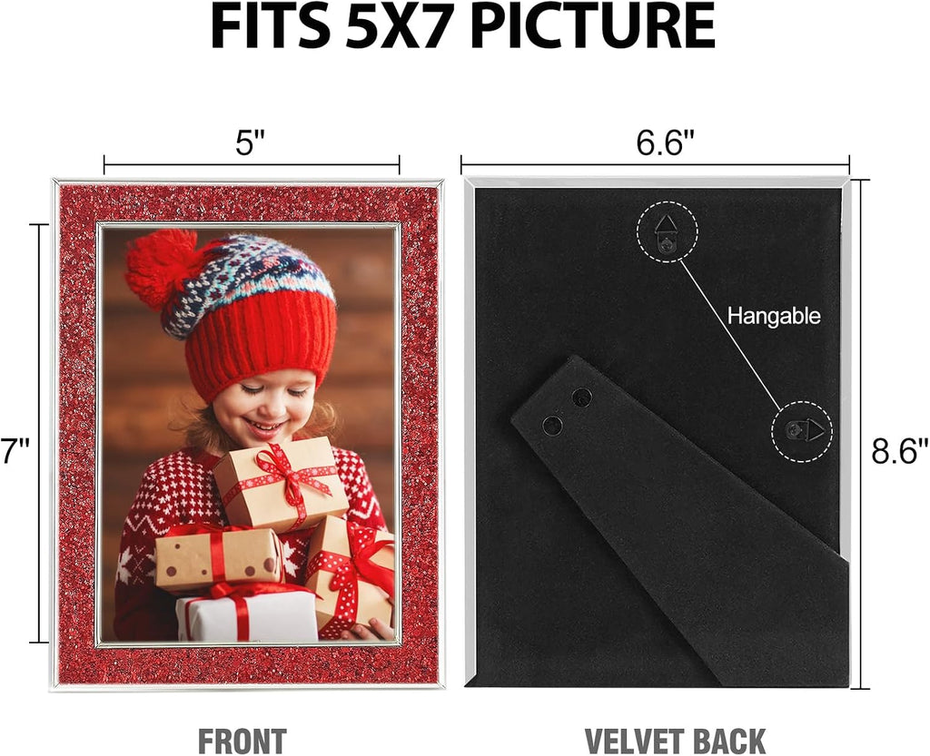 HIKWADERY 5x7 Picture Frame Glitter, Red Bling 5 by 7 Photo Frames with HD Real Glass, for Wall or Tabletop Display, Family Friends Wedding Mother's Day Gift (5 x 7, Red)