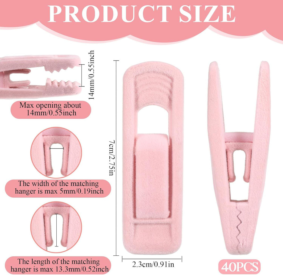 Pink Velvet Hangers Clips, 80 Pack Strong Finger Clips