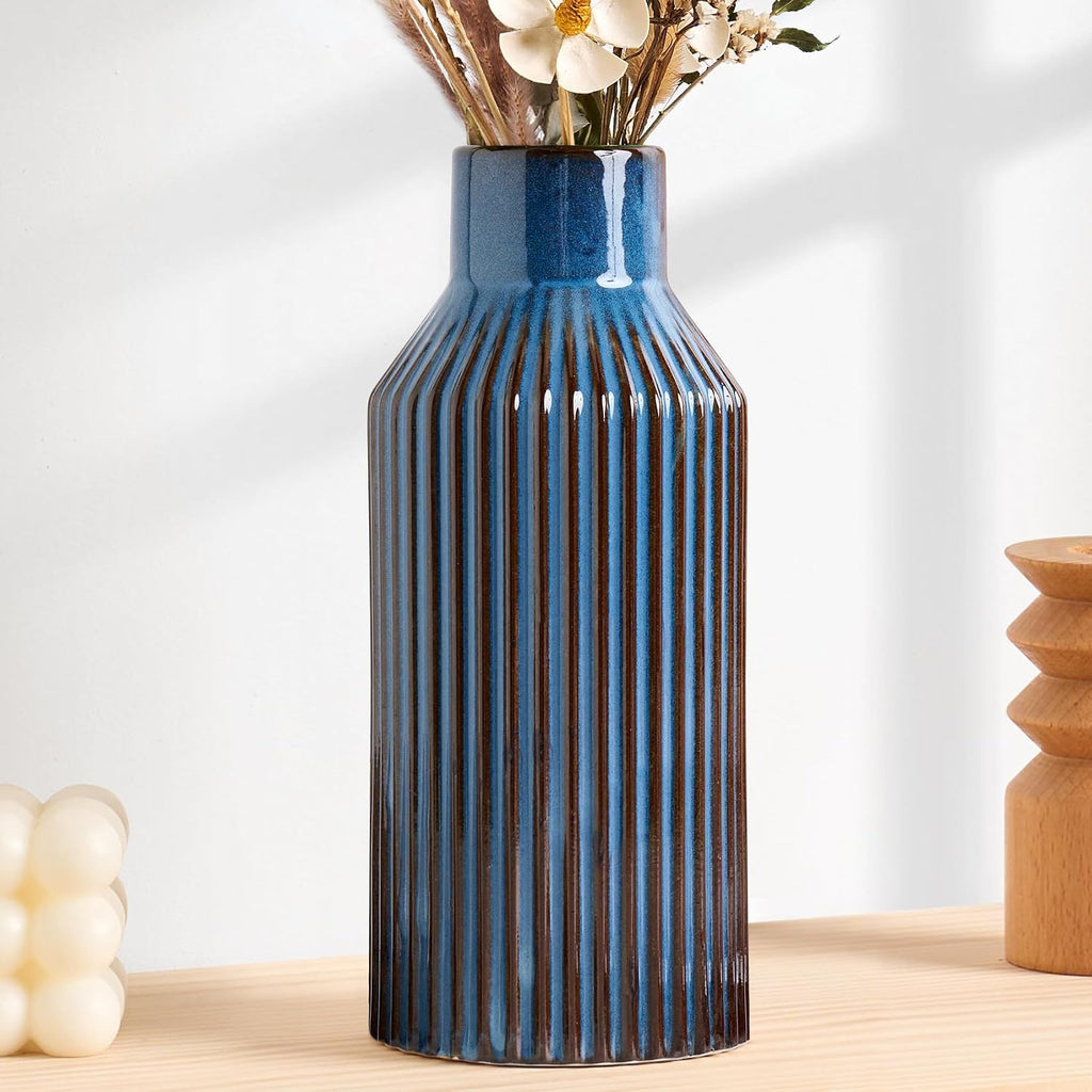 STHIE 8 Inches Ceramic Flower Vase, Blue Vases for Centerpieces