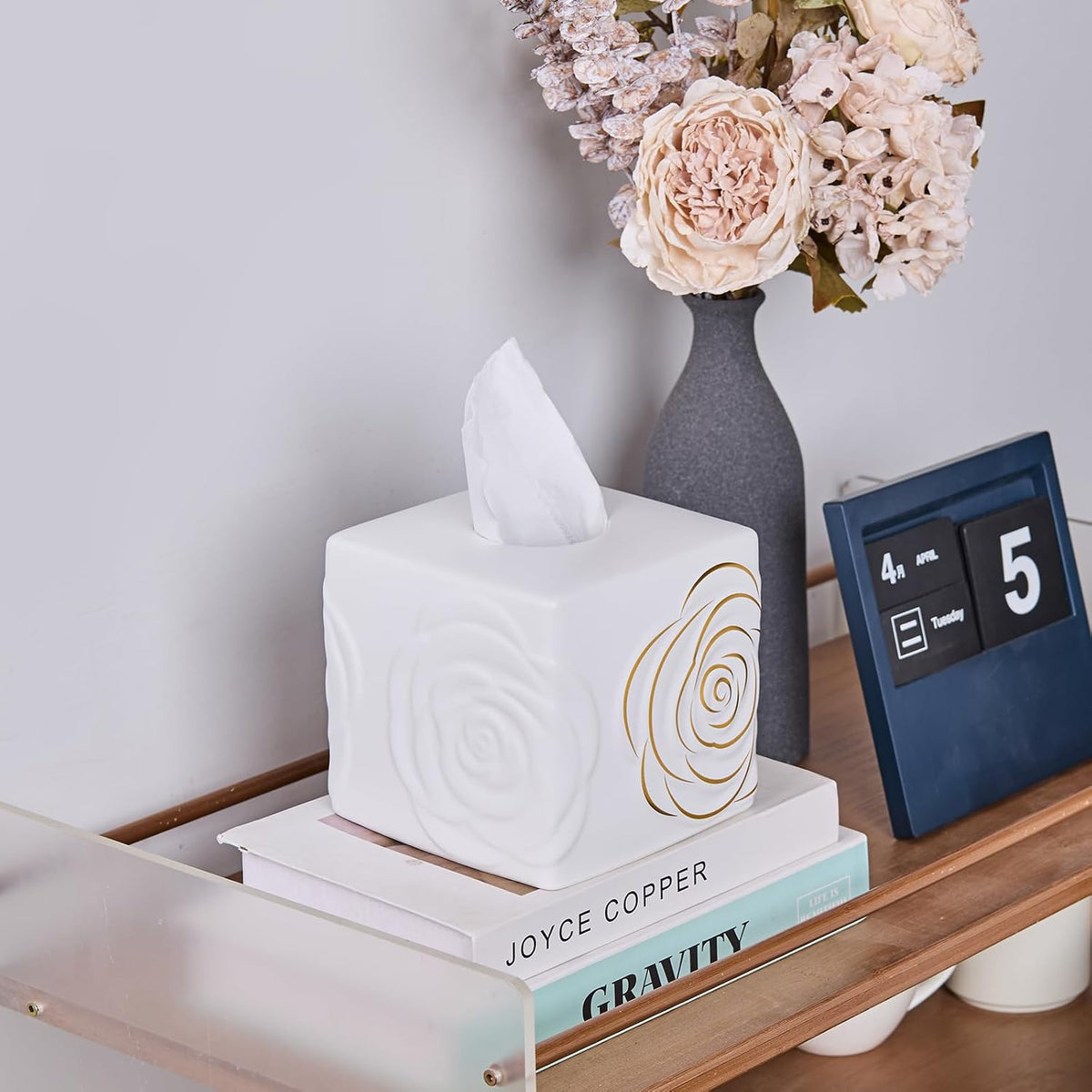White Ceramic Cube Tissue Box Cover with Gold Rose – Large Elegant Rose Floral Square Decorative Tissue Box Holder for Bathroom, Bedroom, Office Desk, Kitchen Counter – Perfect Housewarming Gift
