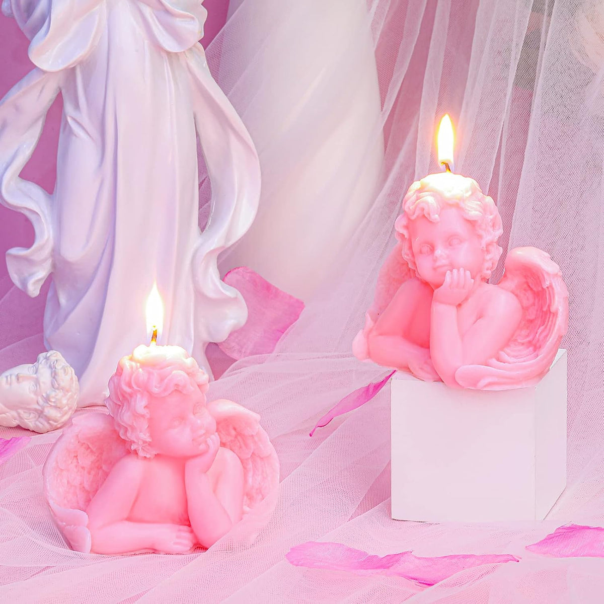 Nuanchu Eclectic Angel Decor - 2 Pieces Soy Scented Vegan Candle (White, Pink) for Girly Home Aesthetic & Trendy Bedroom Decoration