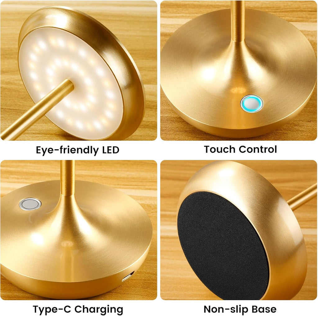 LED Rechargeable Cordless Table Lamp Battery Operated Light Set of 2 Gold