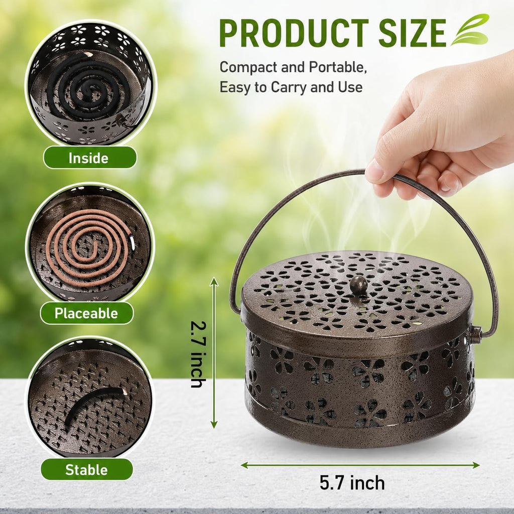 ZENFUN 2 Pack Iron Coil Holders with Lid and Handle, Bronze Incense Coil Burner with Lid, Retro Portable Coil Holder for Camp Use, Indoor, Outdoor, Fireproof, 5.7 Inches Diameter