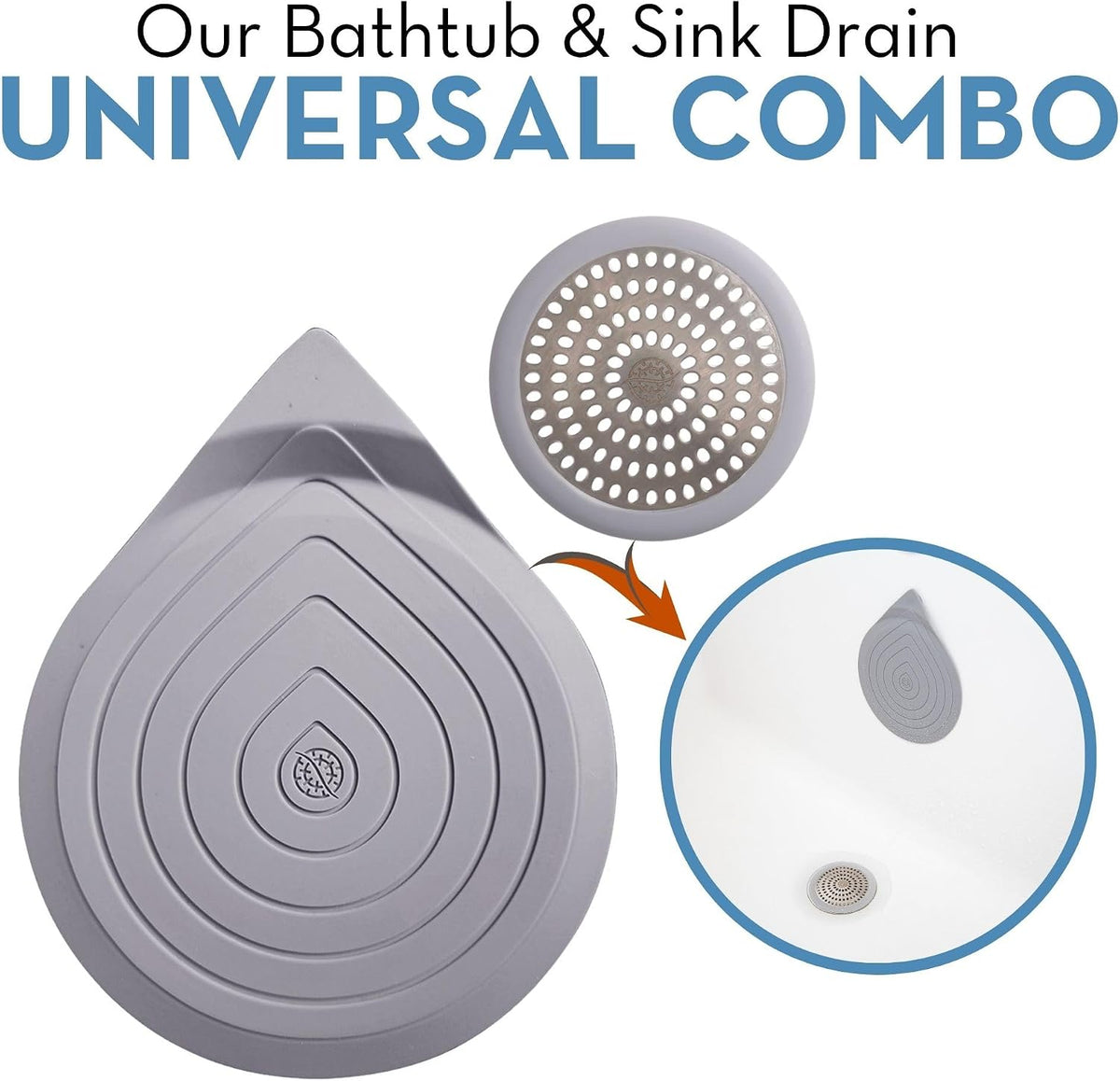 Drain Hair Catcher & Stopper Combo – Tub ShowerRing + StopRing Set for Bathtub & Sink | Stainless Steel Strainer + Silicone Drain Plug | Clog-Free, Universal Fit (Gray, 2 Pack)