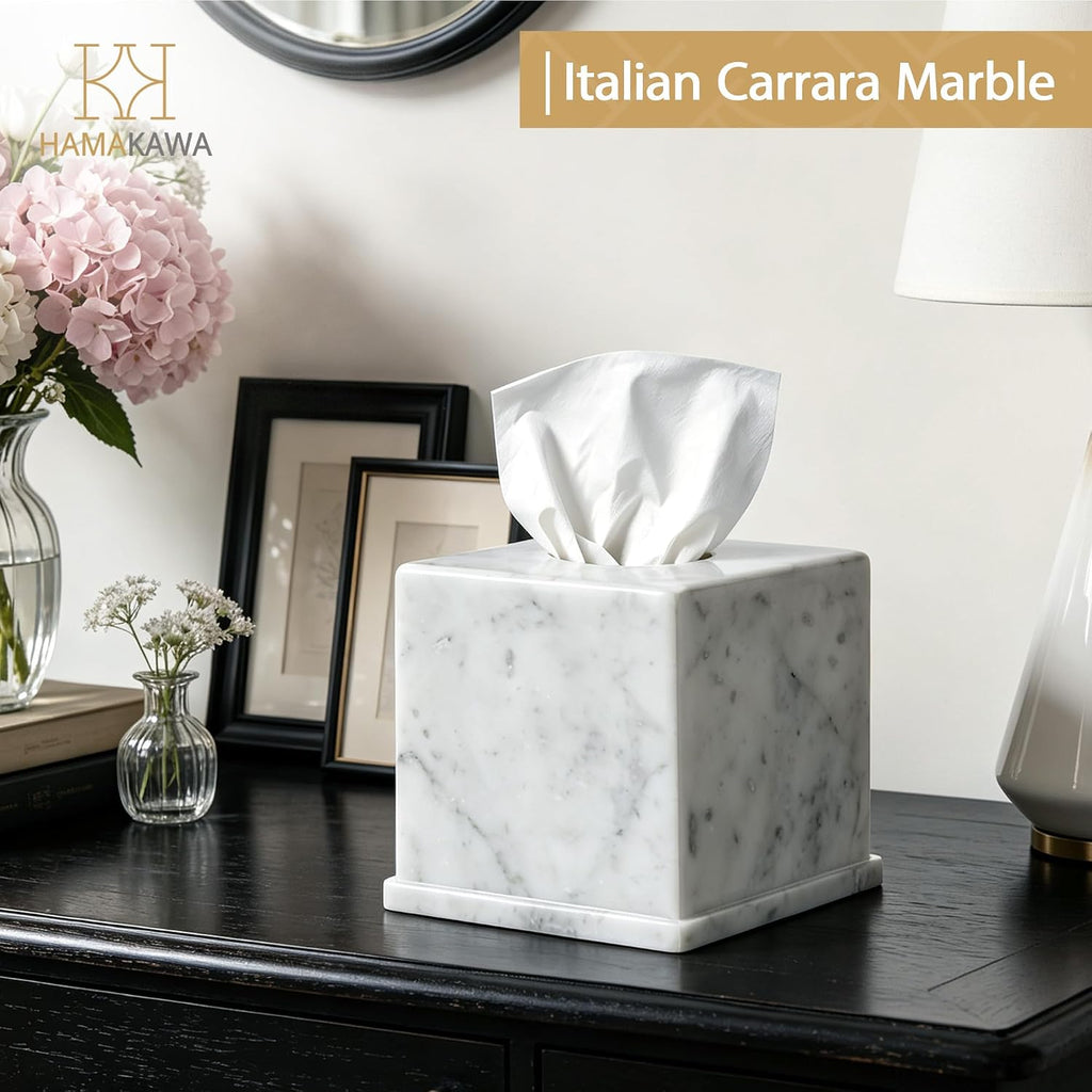Natural Marble Tissue Box Cover, Carrara White Tissue Organizer