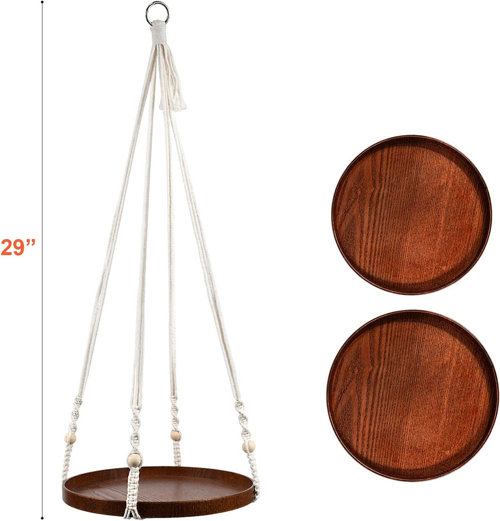 E-Know Macrame Plant Hanger - 2 Set Indoor Hanging Planter Shelf - Hanging Planter Rack Decorative Flower Pot Holder - Handmade Cotton Plant Hangers with Wood Tray Boho Home Decor