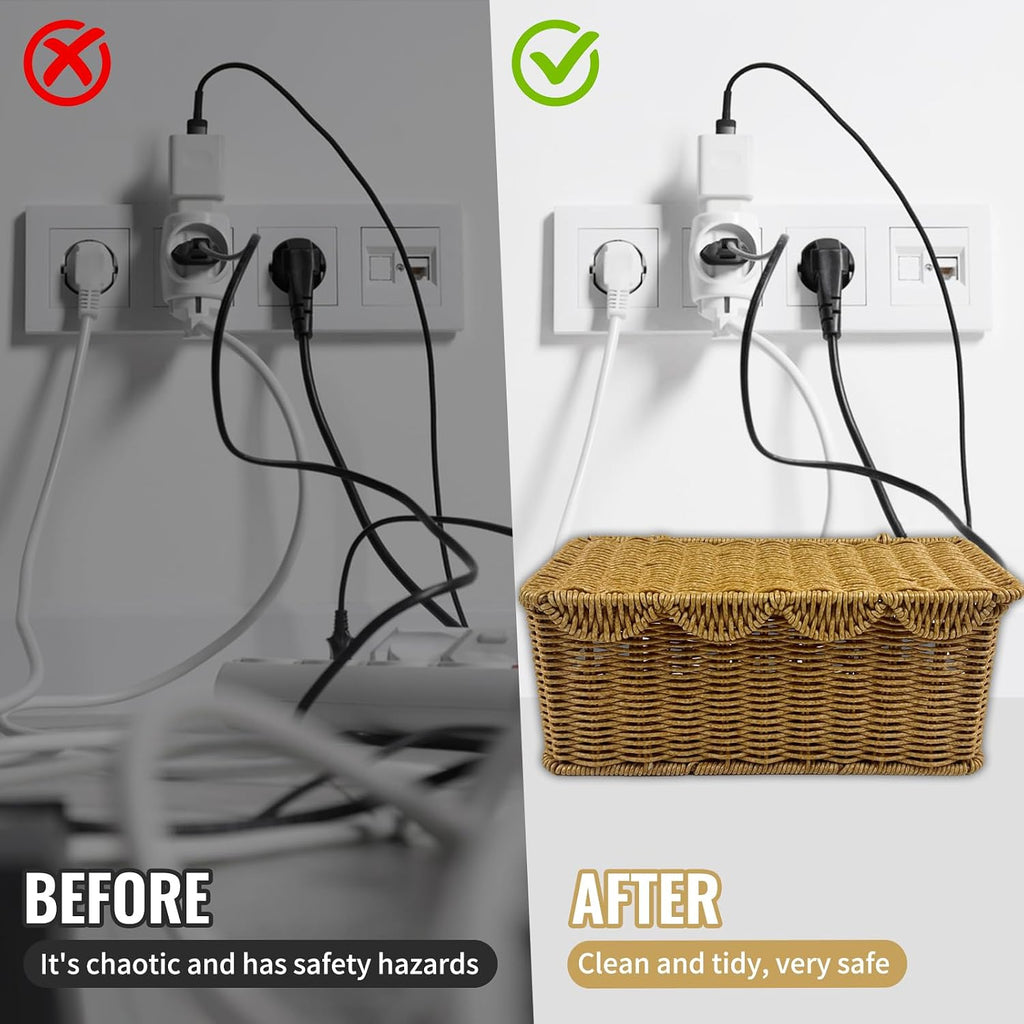2 Pack Scalloped Edge Cable Management Box Handmade, Plastic Rattan Cable Organizer Box to Hide Wires, Under Desk Cord Organizer for Home TV Wires Computer Router USB Hub Strips (2 Open Slots)