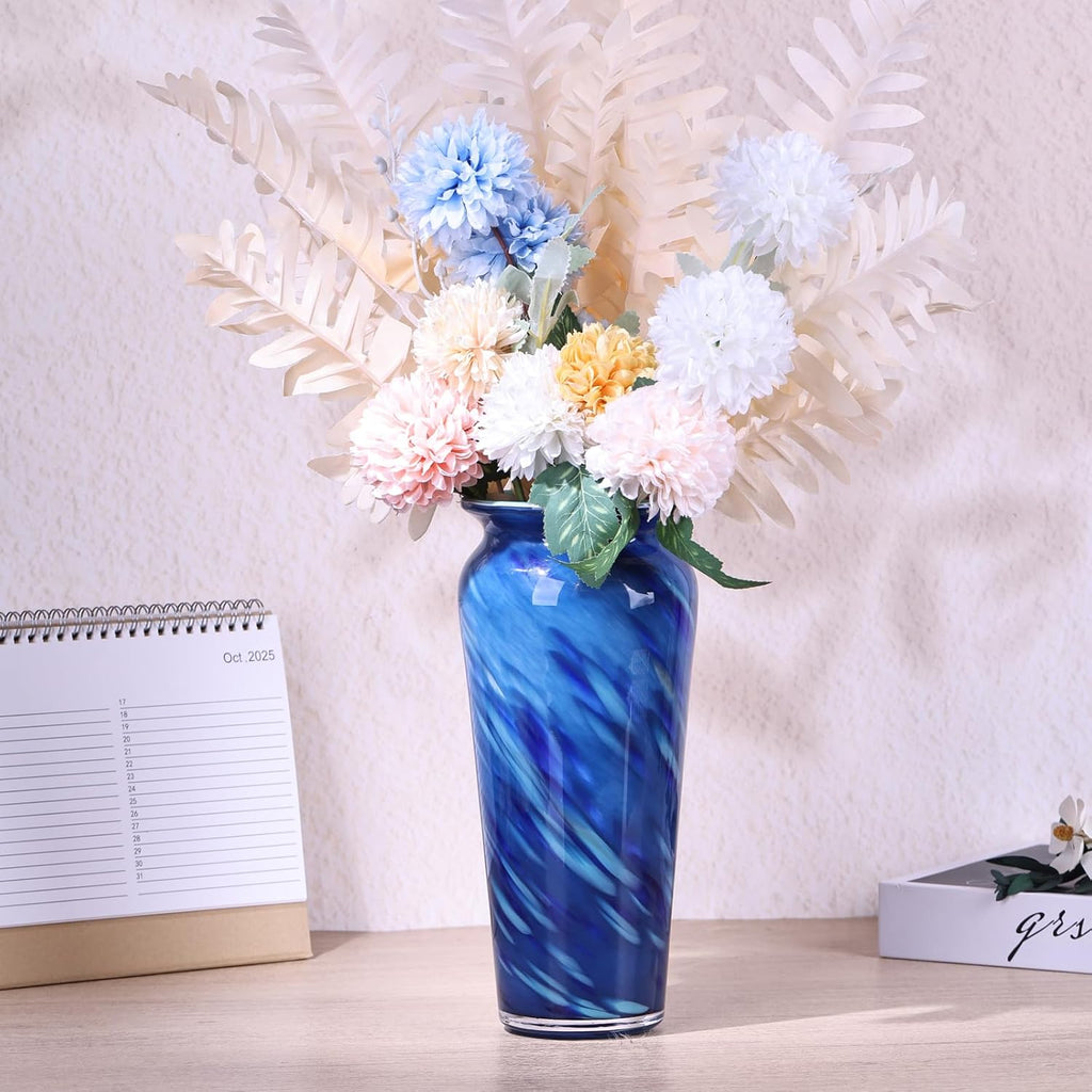 Blue Hand Blown Glass Vase – Tall Speckled Decorative Centerpiece in Murano Style for Dining Table, Coffee Table, Mantel, Entryway, or Bookshelf in Coastal or Modern Decor (Blue)