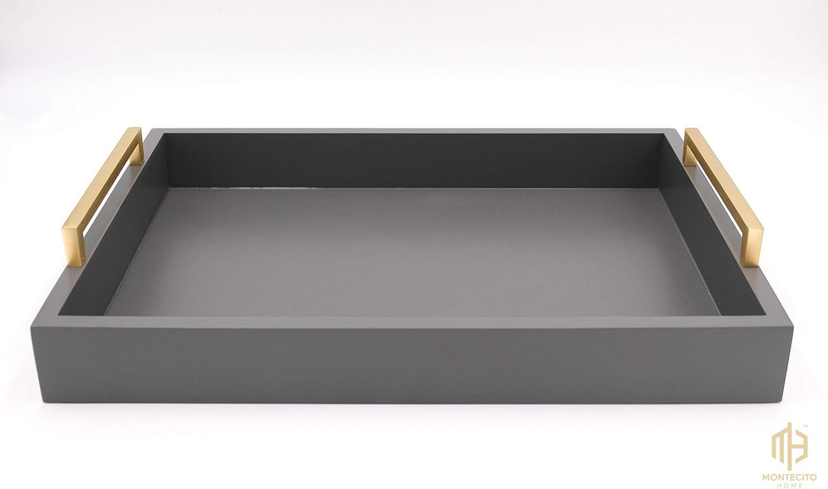 Decorative Coffee Table Tray - Ottoman Tray - Breakfast, Drinks, Liquor Serving Tray - from Farmhouse to Modern - Matte Finish - Brushed Champagne Gold Handles - Charcoal