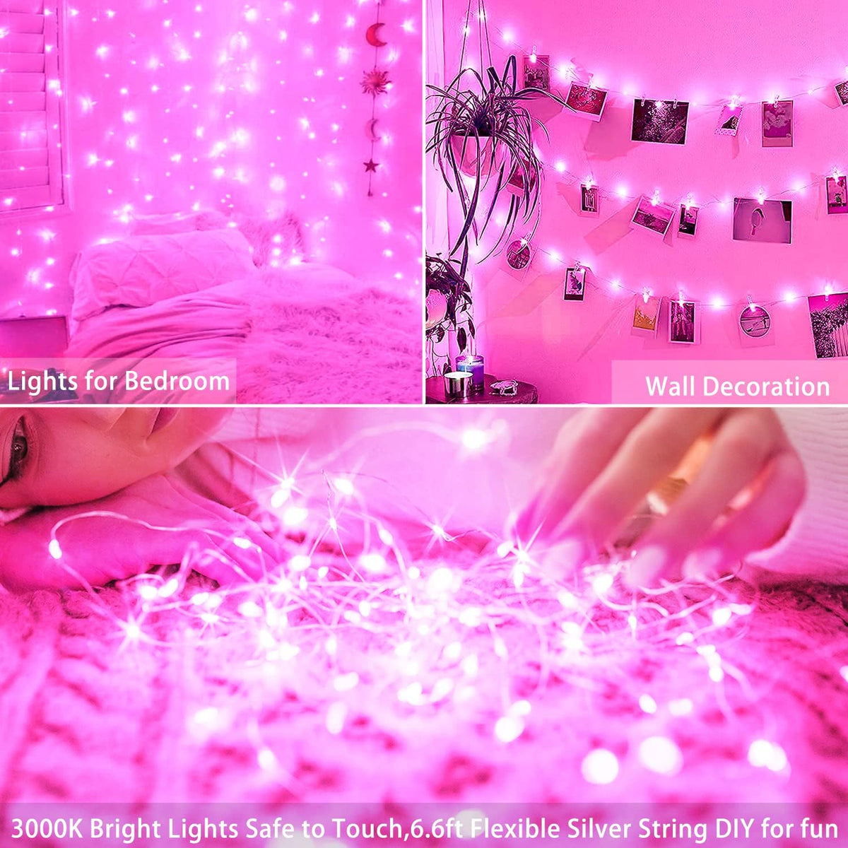 SmilingTown 15 Packs 20 Led Pink Fairy String Lights Battery Operated 6.6ft Silver Wire Firefly Starry Lights Waterproof for Bedroom DIY Table Bottle Wedding Valentine's Day Party Decor