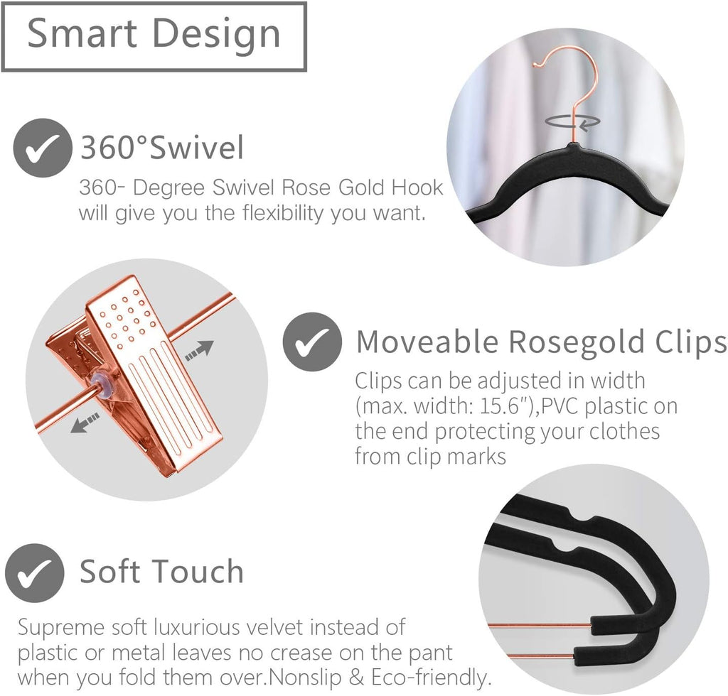 MIZGI Premium Velvet Pants Hangers with Clips (Pack of 20) Slim Skirt Hangers- Non Slip Felt Outfit Dress Hangers Black - Copper/Rose Gold Hooks,Space Saving Shirt Clothes Hangers