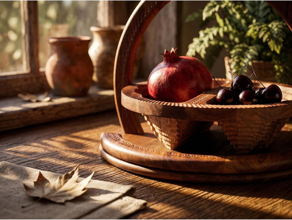 Best Holiday Gift Idea Wooden Collapsible Fruit Basket 2-Section Serving Bowl for Nuts, Snacks & Candy Essential Workers | Thanksgiving Gift | Diameter: 12" (2Celebration_Duo)