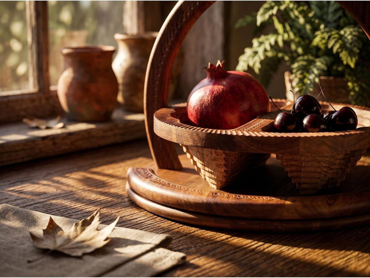 Best Holiday Gift Idea Wooden Collapsible Fruit Basket 2-Section Serving Bowl for Nuts, Snacks & Candy Essential Workers | Thanksgiving Gift | Diameter: 12" (2Celebration_Duo)