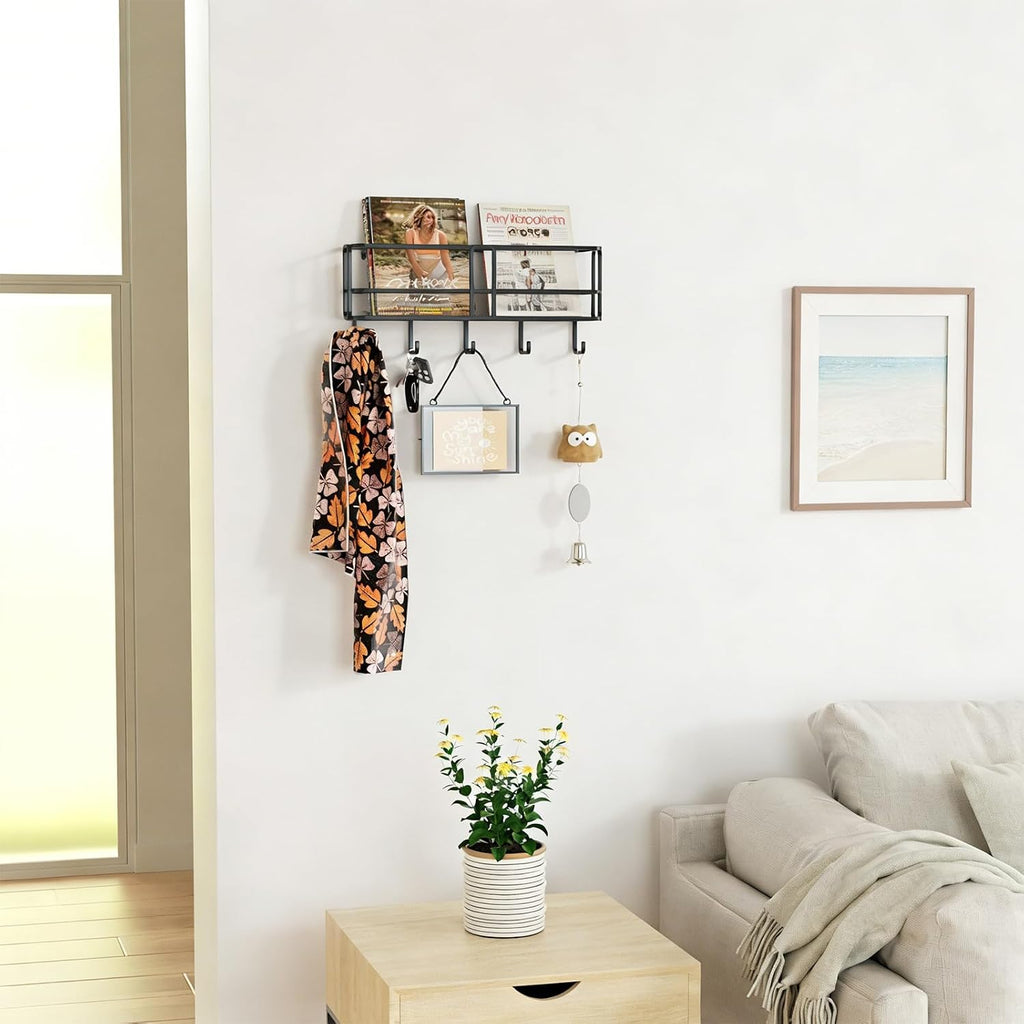 SRIWATANA Key Holder Wall Mount with 5 Hooks, Metal Mail Organizer, Black