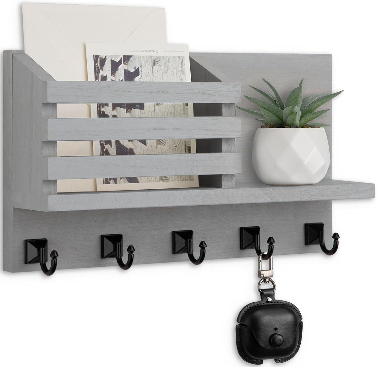 Key Holder Wall Mount, Mail Organizer for Wall with 5 Square Key Hooks