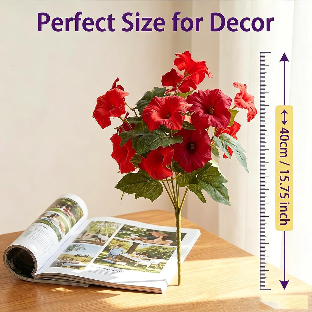 Artificial Flowers for Outdoors, Faux Petunias Spring Summer Decoration, Fake Flowers Plants UV Resistant Look Real Silk Flowers for Outside Planter Front Door Porch Patio Yard (Red)