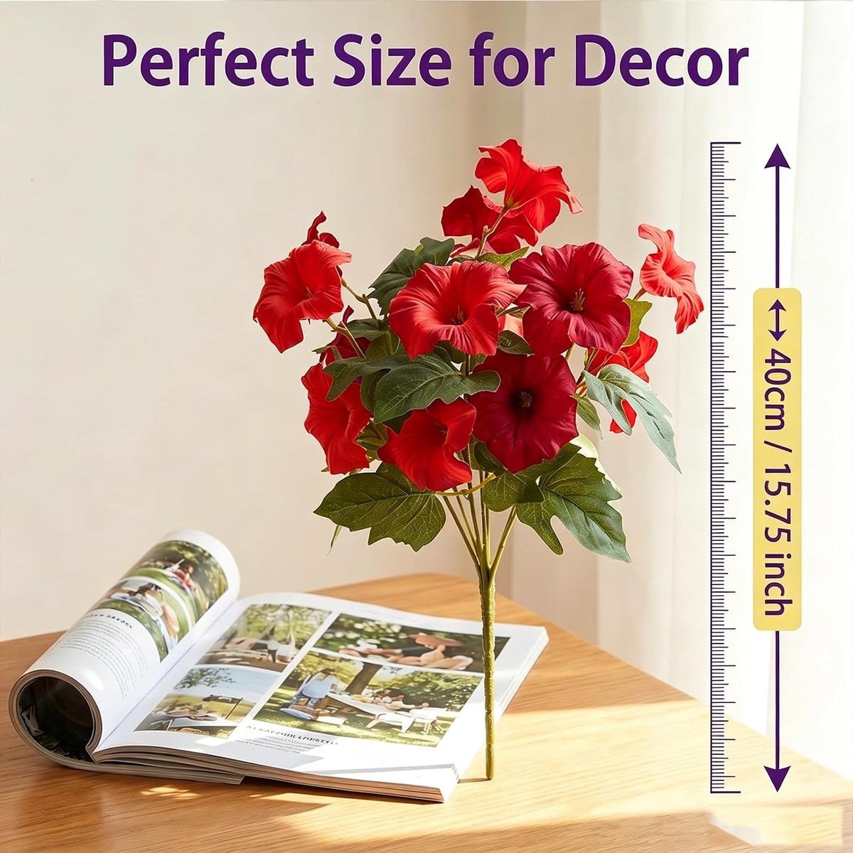 Artificial Flowers for Outdoors, Faux Petunias Spring Summer Decoration, Fake Flowers Plants UV Resistant Look Real Silk Flowers for Outside Planter Front Door Porch Patio Yard (Red)