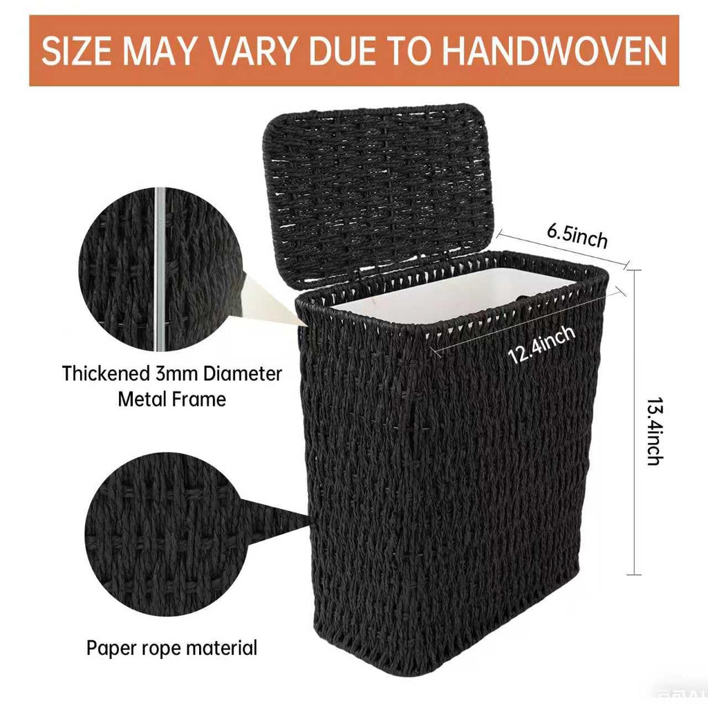 Coeusy 3 Gallon Paper Rope Bathroom Trash Can,Small Wicker Trash Cans with Lid and Liner,Woven Rattan Narrow Waste Basket for Bedroom,Office,Black