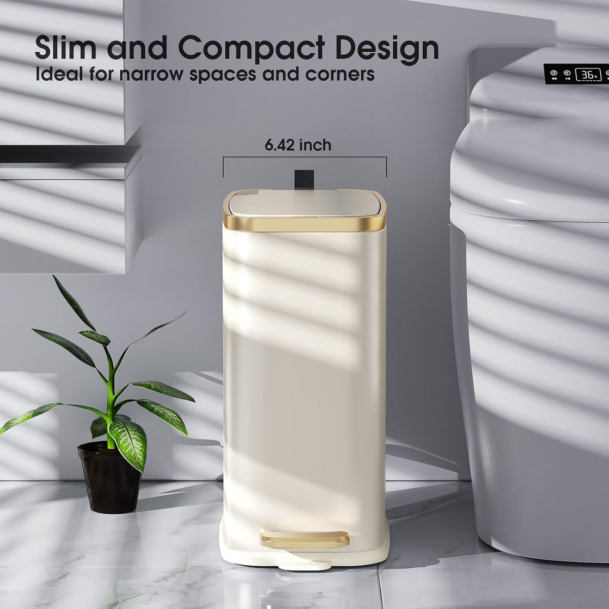CEROELDA Small Bathroom Trash Can with Lid-5L/1.3 Gal-Soft Close Lid-Beige