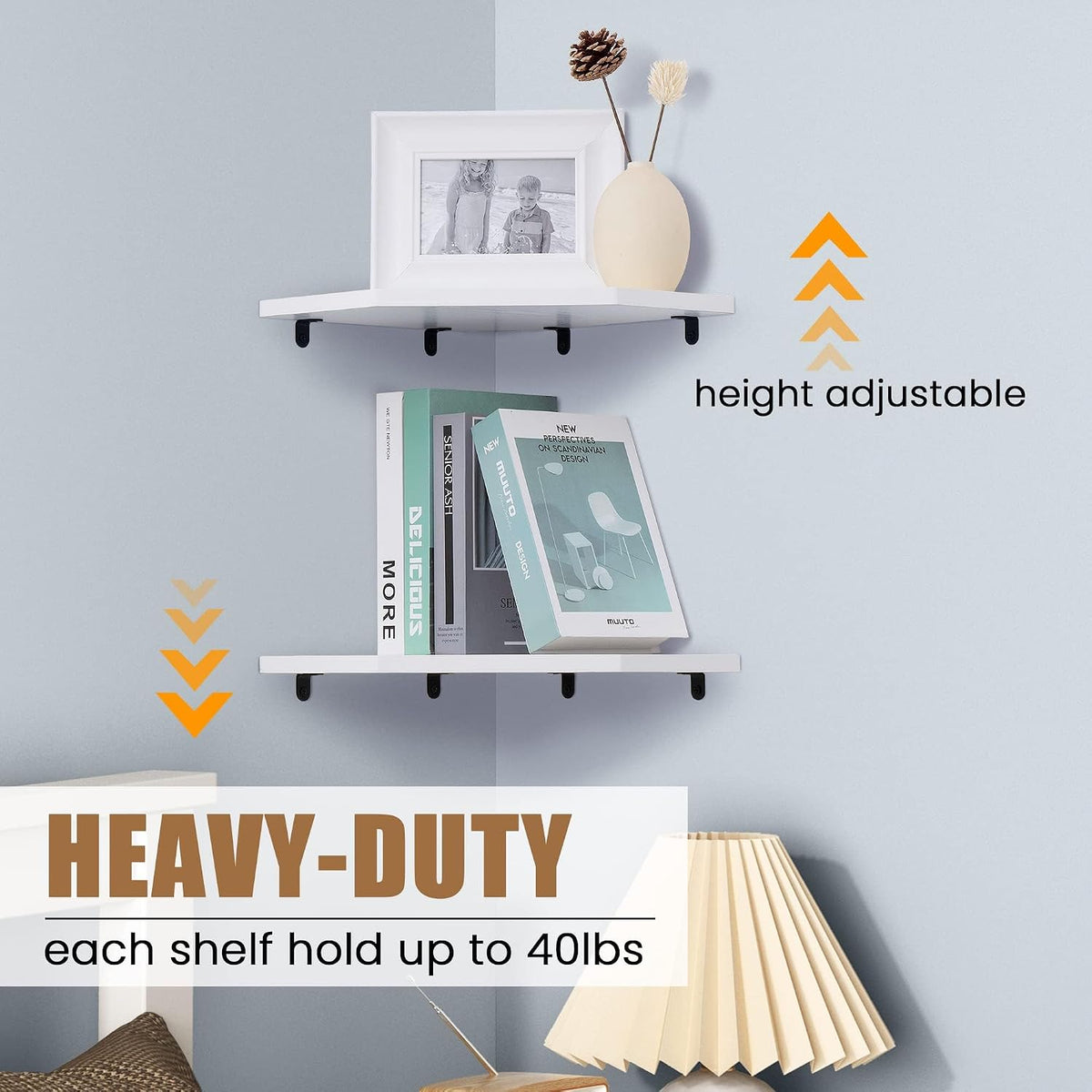 Fun Memories Corner Shelf Wall Mount, Floating Corner Shelves, Set of 2 Corner Wall Shelf Organizer, Rustic Wood Wall Storage Display Shelves for Living Room Bedroom Bathroom Kitchen, Rustic White