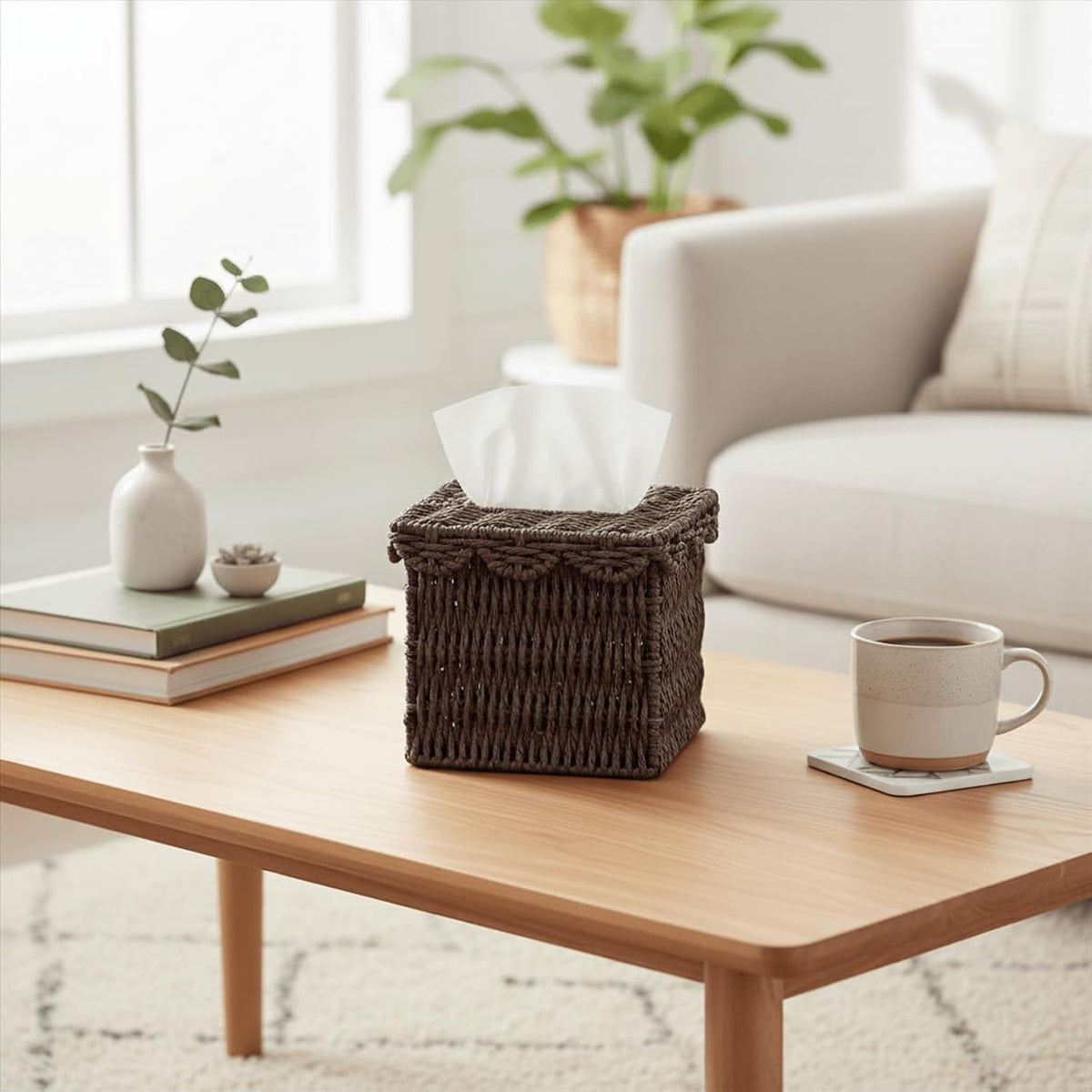 CubesLand Square Wicker Tissue Box Cover W/Scalloped Lid for Home Decor